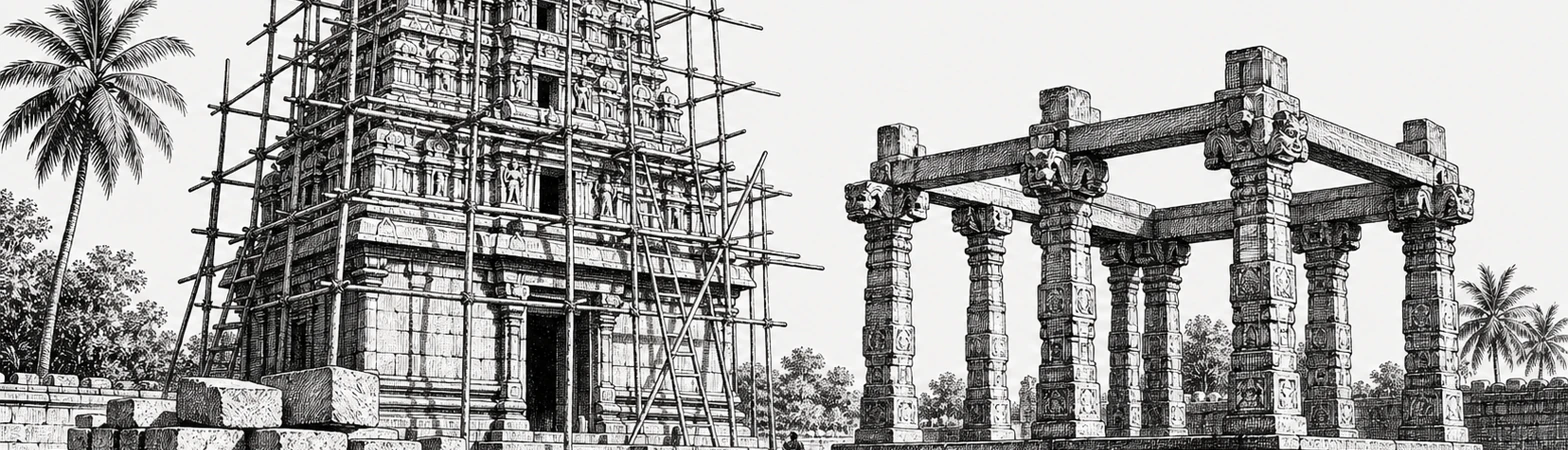 Pen-and-ink drawing of the temple under construction: a stepped gopuram in bamboo scaffolding beside an open pillared mandapa.