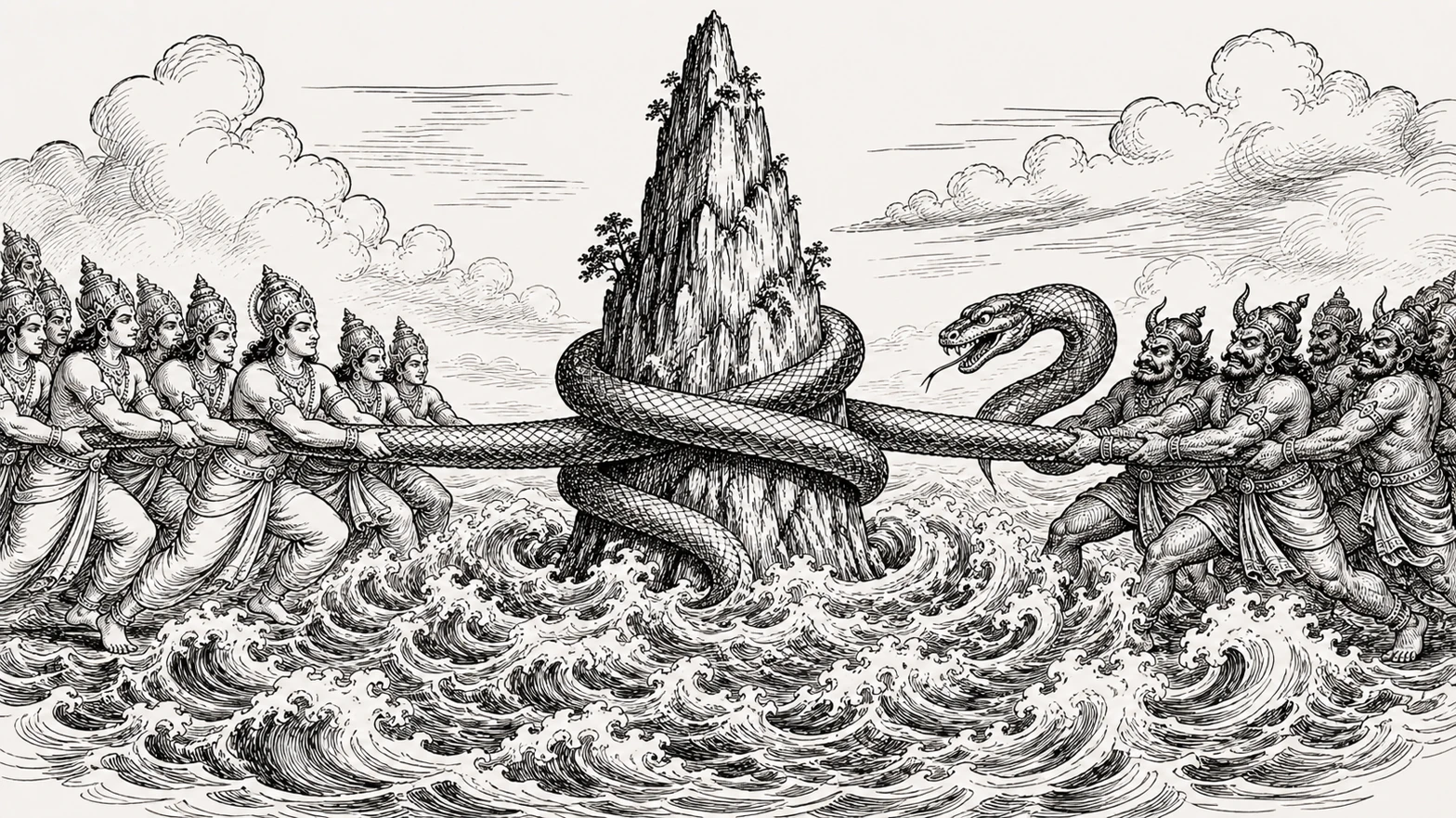 Frame from the animation test: the churning of the ocean of milk, drawn in ink.