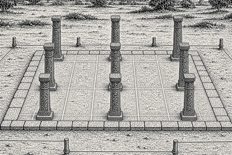 Nine pillars. The sthapati's chalk lines still on the floor.