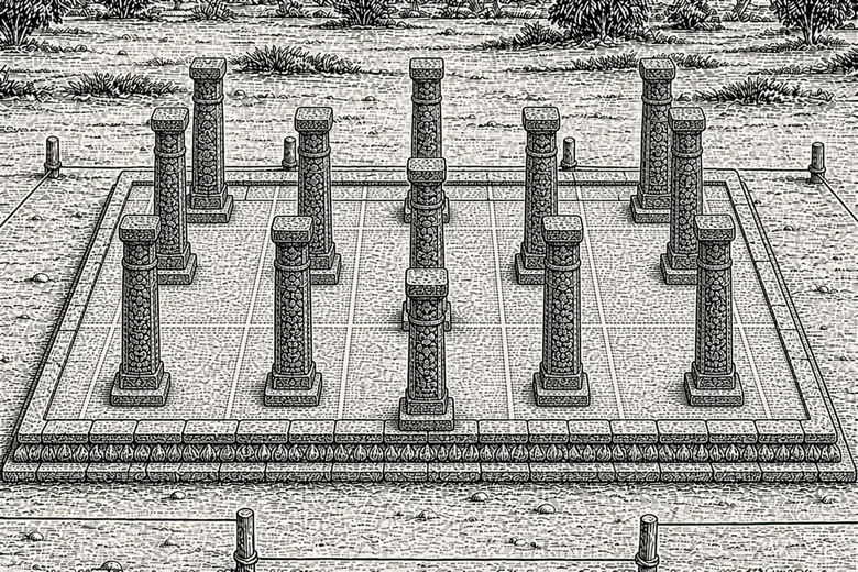 Twelve pillars, and the first course of the plinth moulding.