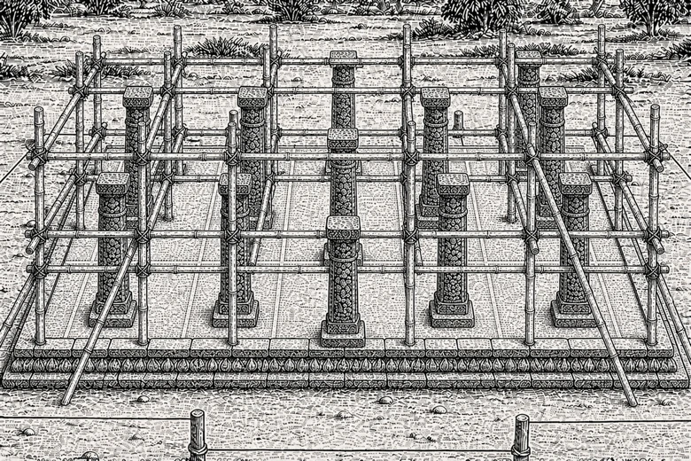 Sixteen pillars. Scaffolding up for the mandapa.