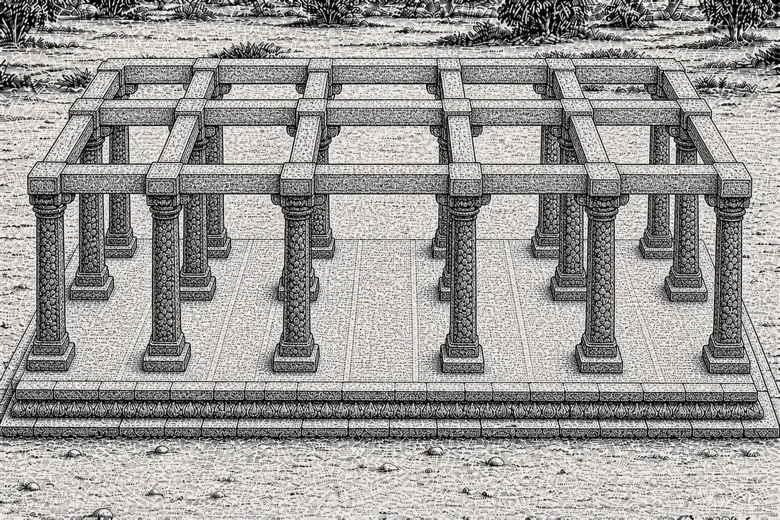 Nineteen pillars set. Roof still open to the sky.